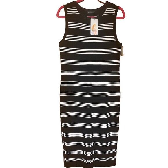 Women’s Medium Knit Striped Body-Con Maxi Dress Black White side slits Summer - Picture 3 of 7